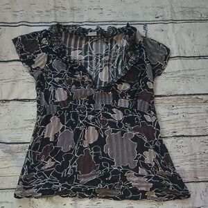BCBG Gray Black Sheer Silk Y2K Babydoll Top XS